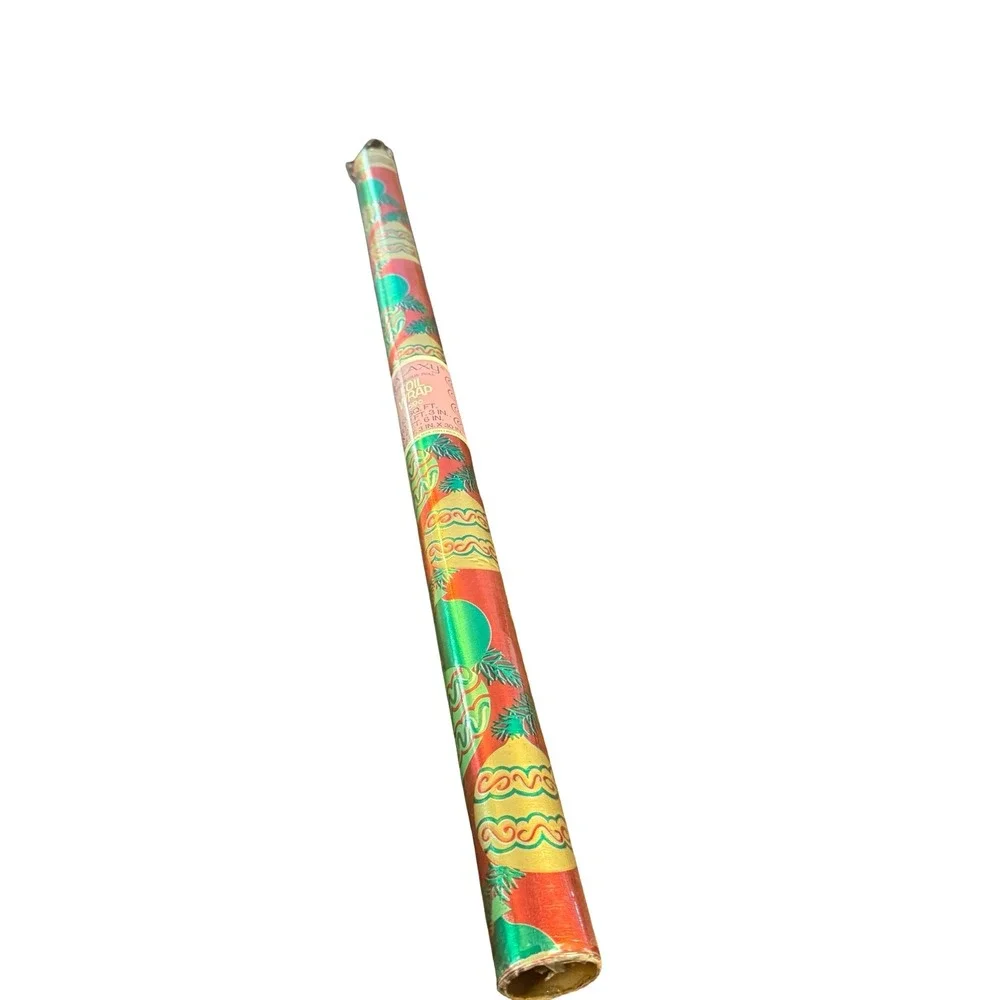 Vintage Galaxy Christmas Foil Wrapping Paper Roll Red Green Gold Ornaments USA